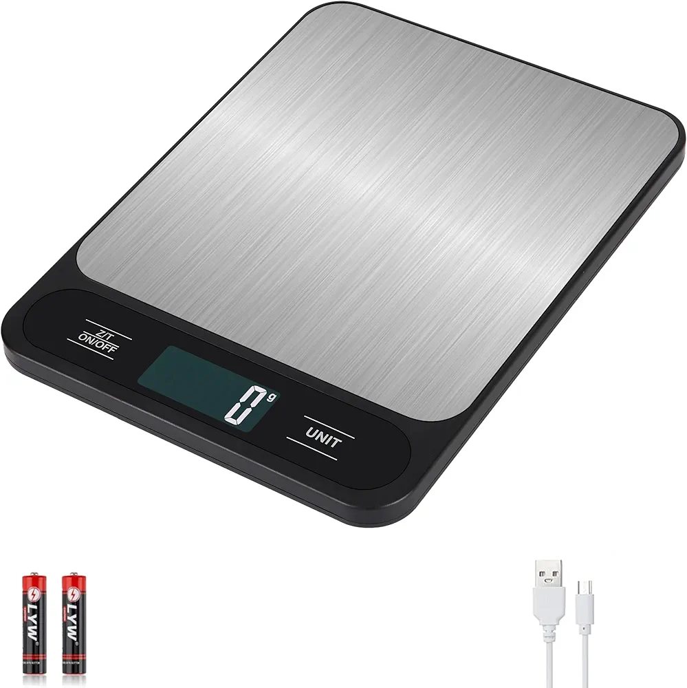 33lb/15kg Digital Kitchen Scale, Food Scale, High Capacity Weight Grams and Ounces for Baking Cooking and Meal Prep, 6 Units with Tare Function, LCD Display, Stainless Steel, USB Rechargeable