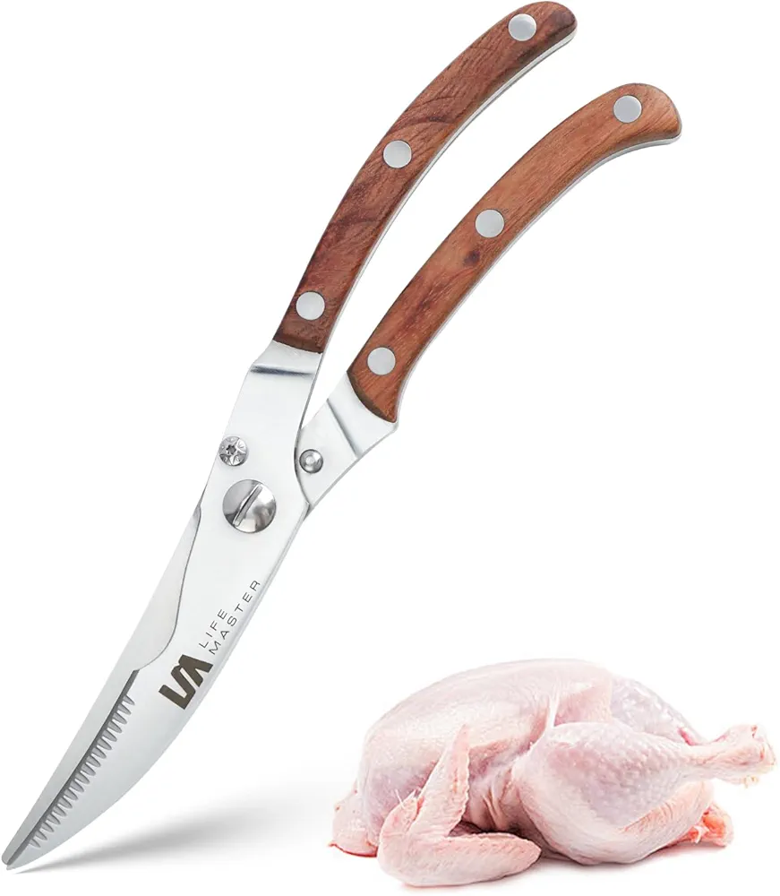 Heavy Duty Poultry Shears, Multi-Purpose Kitchen Scissors with Rosewood Handle, Kitchen Shears with Safety Lock and Spring Loaded, Stainless Steel Shears for Bone, Chicken, Meat, Fish, Vegetable