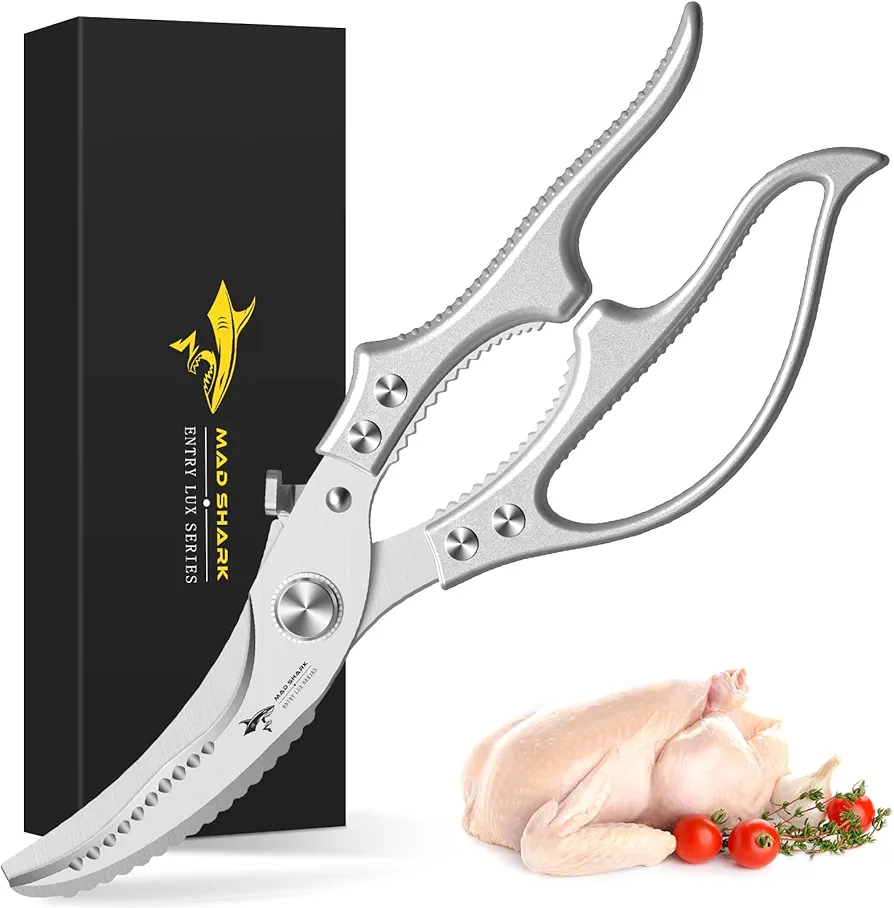 MAD SHARK Poultry Shears, Kitchen Scissors for Food, Heavy Duty Kitchen Shears for Spatchcocking Chicken and Turkey, with Spring-loaded Handles, Thick Blades and Safety Lock, 10.3 Inch (Silver)