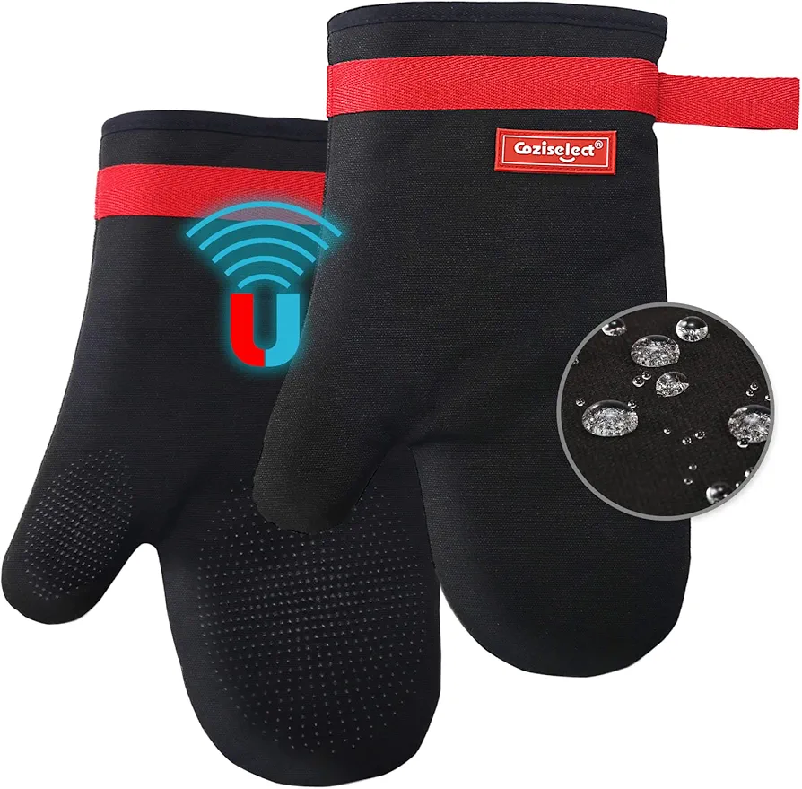 Silicone Oven Mitts, Magnetic Oven Mitt, Kitchen Oven Mitts Set, Black Oven Mitts, Cotton Oven Mitts Heat Resistant, Anti-Slip Hot Mitts for Kitchen, Cooking, Baking, Grilling