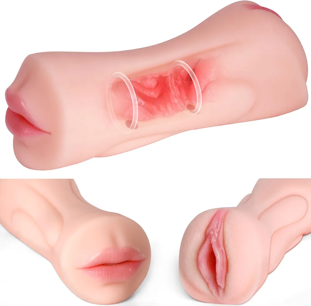 Pocket Pussy Male Masturbator Blowjob Stroker Toy, Realistic Mouth and Tight Vagina Adult Oral Sex Toys for Men, Lifelike Texture Sex Doll Deep Throat Masterbator with 2 Penis Rings Stimulation