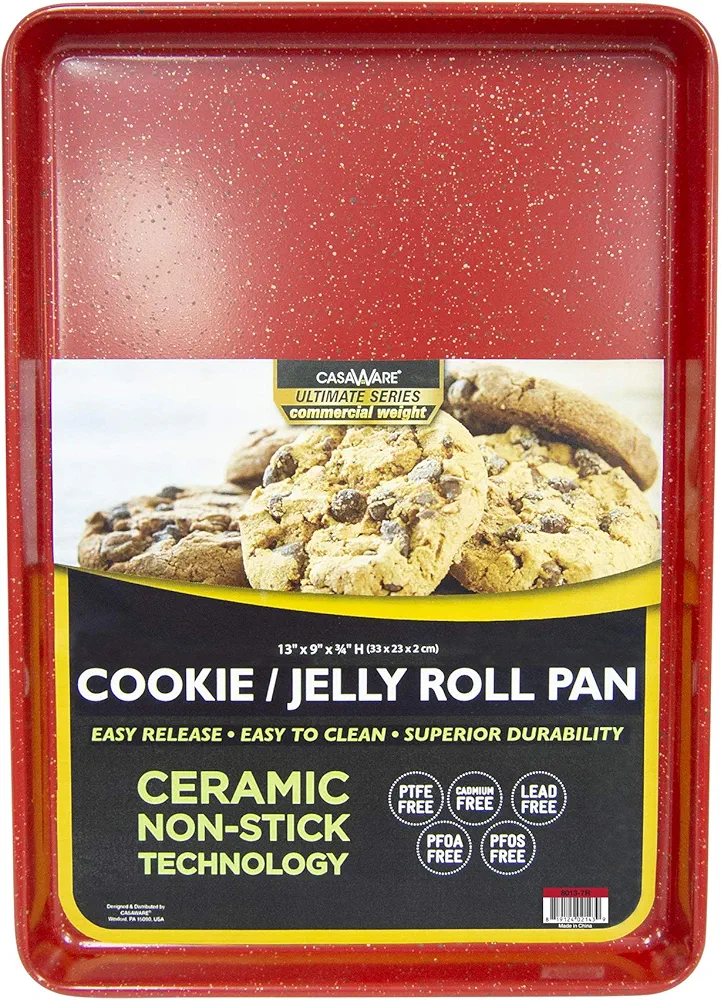 casaWare 13 x 9 x 1-Inch Ultimate Series Commercial Weight Ceramic Non-Stick Coating Cookie/Jelly Roll Pan (Red Granite)