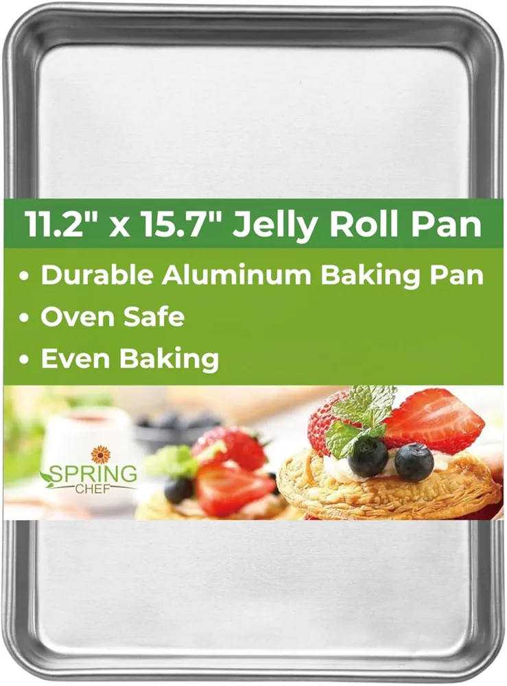 Spring Chef Jelly Roll Pan - 11.2 x 15.7-inch Durable Aluminum Baking Pan - Non-Rust Baking Tray for Cookies, Meat, Vegetables, Pastries - Distributes Heat Evenly - Easy To Clean Cookie Sheet Pan