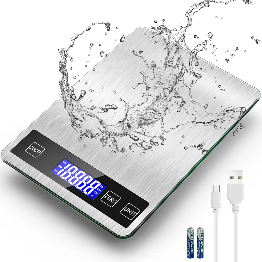 Food Scale Kitchen Scales Digital Weight Grams and Oz - 33Ib Kitchen Scale for Weight Loss, Baking Cooking, 1g/0.1oz Precise Graduation, USB Rechargeable, Stainless Steel, and Tempered Glass