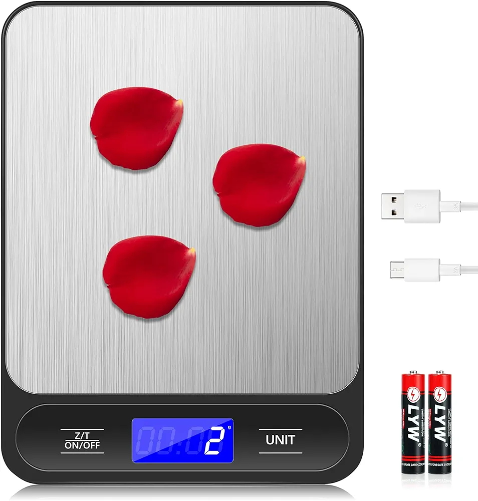 Food Scale Digital Kitchen Scale Weighs up to 33 Pounds USB Rechargable, 6 Weight Units for Cooking, Baking and Meal Prep Stainless Steel (Black)