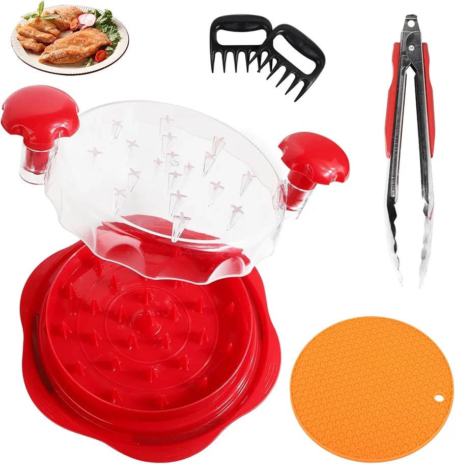 Chicken Shredder Tool Twist,Cooked Meat Shredder,Chicken Breast Grinder Machine,Ergonomic Handle,Anti-Slip Base,Food Shredder for Beef Pork,Came with 2 Meat Claws, Heat-Resistant Mat & Food Tongs,Red.