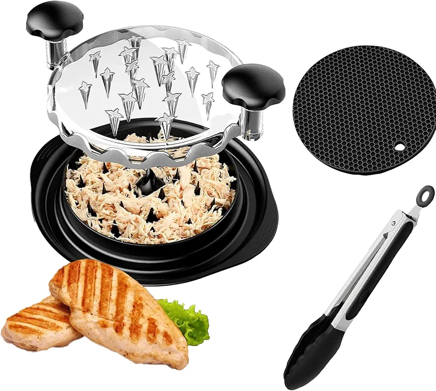 Chicken Shredder with Tong & Mat accessories, Large Chicken Shredder Machine, Ergonomic Handle, Dishwasher Safe, Anti-Slip, Heat Resistant, BPA Free,, Standard, Black