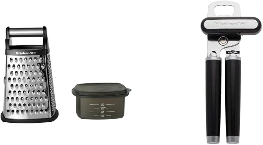 KitchenAid Gourmet 4-Sided Stainless Steel Box Grater with Detachable Storage Container, 10 inches tall, Black and KitchenAid KE199OHOBA Classic Multifunction Can Opener / Bottle Opener, 8.34-Inch, Black