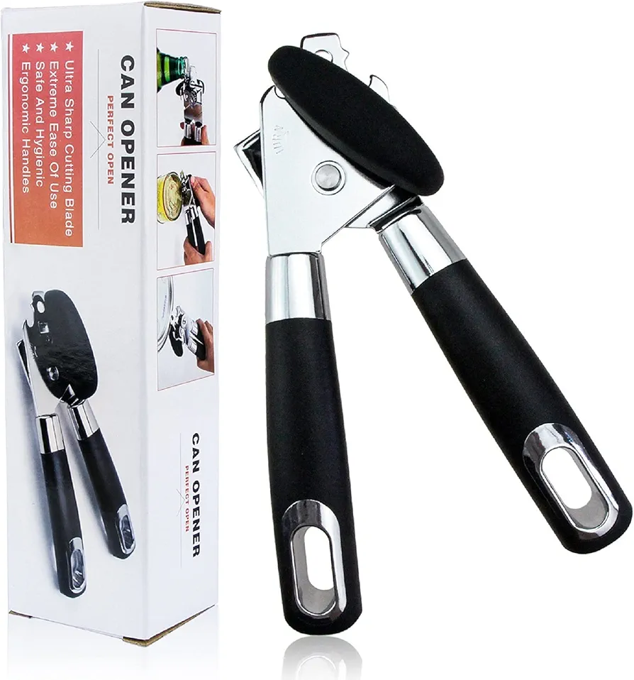 3 in 1 multi-function can opener (can opener, wine bottle cap opener, lid prying device), safe and easy can opener, simple operation, black