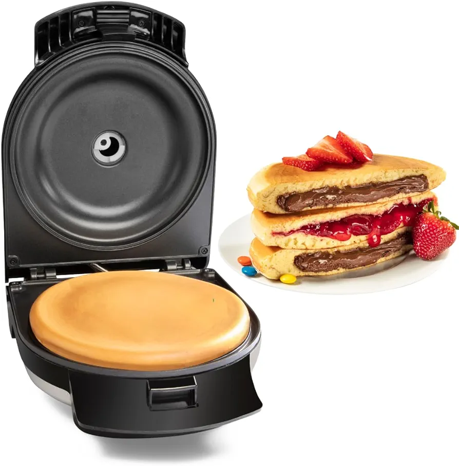 Electric Stuffed Pancake Maker- Make a GIANT Stuffed Waffle or Pan Cake in Minutes- Add Fillings for Delicious Holiday Breakfast or Dessert, Electric, Nonstick w Silicone Batter Funnel- Christmas Gift