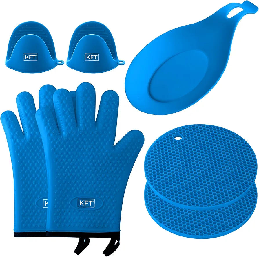 Oven Mitts and Pot Holders Sets Kitchen Essentials – 7Pcs Set Heat Resistant Silicone Gloves, Trivets, Pinchers, and Spoon Rest – Durable Non-BPA Food Safe Materials – Ideal Silicone Baking Set