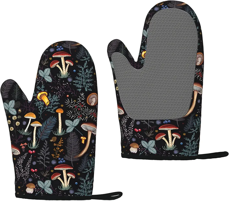 Mushroom Gifts Oven Mitts and Pot Holders, 2-Piece Set, Silicone Cooking Oven Gloves, Kitchen Counter Safe Trivet Mats, Heat Resistance, Non-Slip Textured Grip(Gloves)