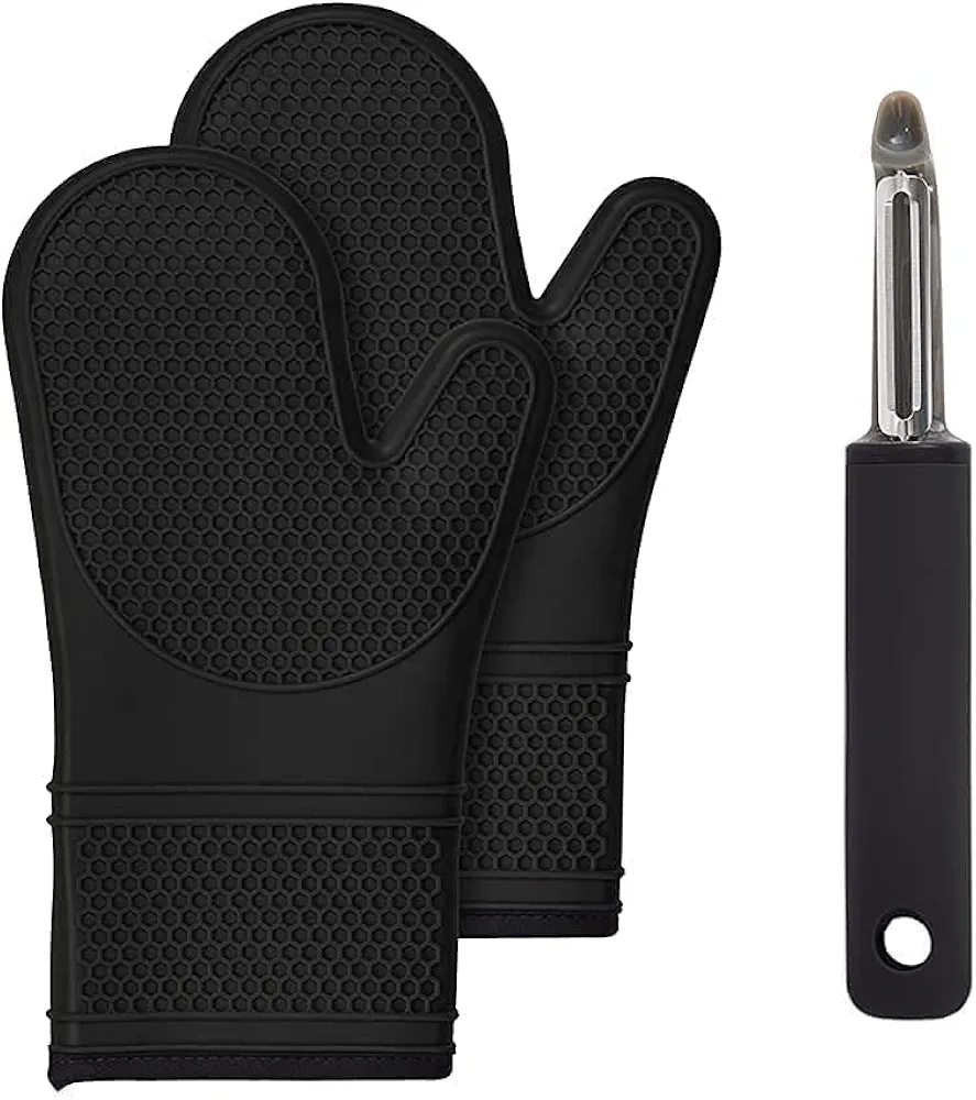 Gorilla Grip Silicone Oven Mitts Set of 2 and Vegetable Peeler, Both in Black Color, Oven Mitts Have Soft Quilted Lining, Peeler Has Swivel Blade, 2 Item Bundle