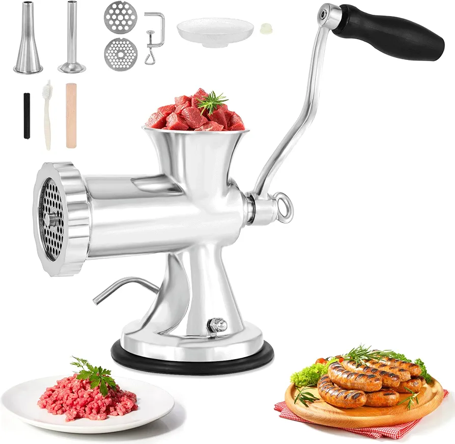 Dyna-Living Manual Meat Grinder Stainless Steel Hand Crank Meat Grinder Sausage Stuffer Filler Beef Grinder Hand Meat Processor Grinding Machine for Home Use Kitchen