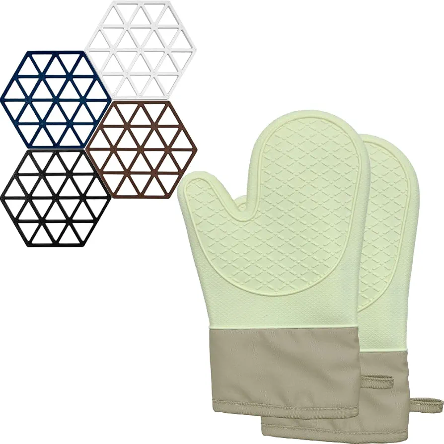 Silicone Oven Mitts - Oven Mitts Heat Resistant 500F, Soft Lined Silicone Oven Mitts - Oven Mitt Set for Cooking Baking Kitchen Mitts Pot Holder Set，Short Version (Yellow)