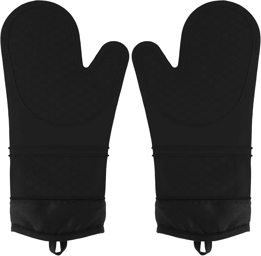 2PCS Heat and Slip Resistant Silicone Oven Mitts Set, Soft Silicone Oven Mitt Set, Kitchen Oven Glove High Heat Resistant Non-Slip Textured Grip Perfect for Cooking Baking Grilling (Black)