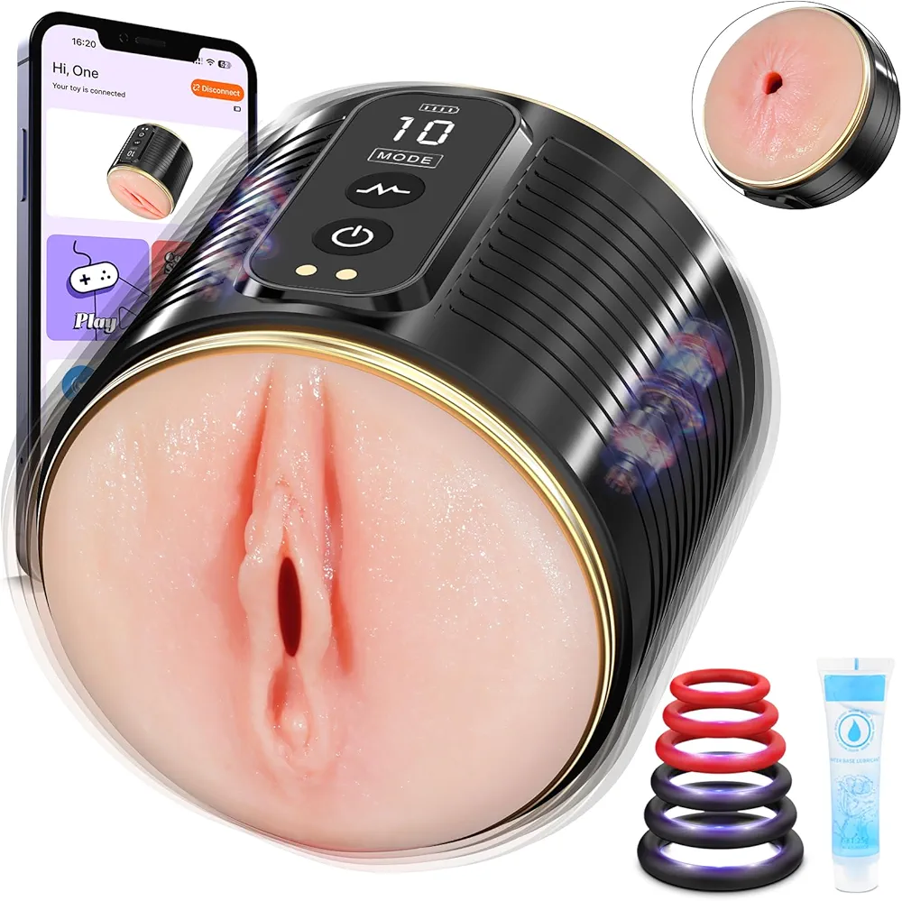 Male Masturbator Men Sex Toy - APP Control Open Ended Masturbation Cup with 10 Vibrations, Lifelike Textured Vagina Anus Pocket Pussy Stroker Sex Toy for Men, Adult Toys for Penis Stimulation Trainer