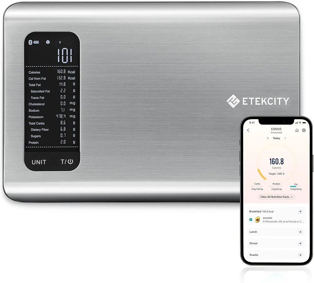 Etekcity Smart Food Kitchen Scale with Nutritional Calculator, Free App with 19 Nutrients Tracking, Calorie, Marco, Digital weight grams and ounces for weight loss, Premium Stainless Steel, 11lb