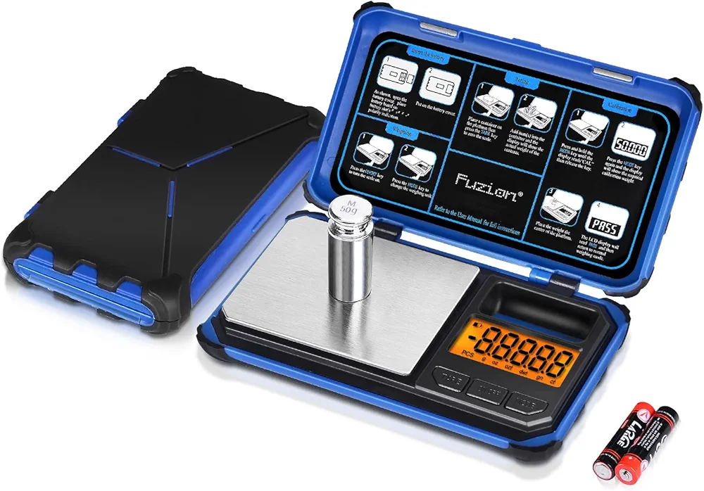 Fuzion TRI Digital Scale, 200g Gram Scale in 0.01g Increments, Digital Pocket Scale, 6 Measure Units for Food, Jewelry, Herbs, Powder, Small Scale with LCD, Tare (Blue)