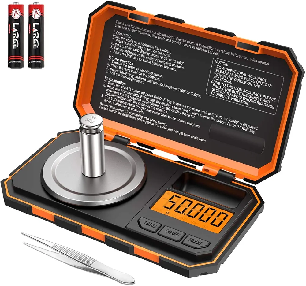 ORIA Digital Pocket Scale, Digital Milligram Scale, 50g/ 0.001g Pocket Jewelry Scale with Tweezers, Calibration Weights, 6 Units, Backlit Display, Auto Off, Tare Function, (Battery Included), Orange