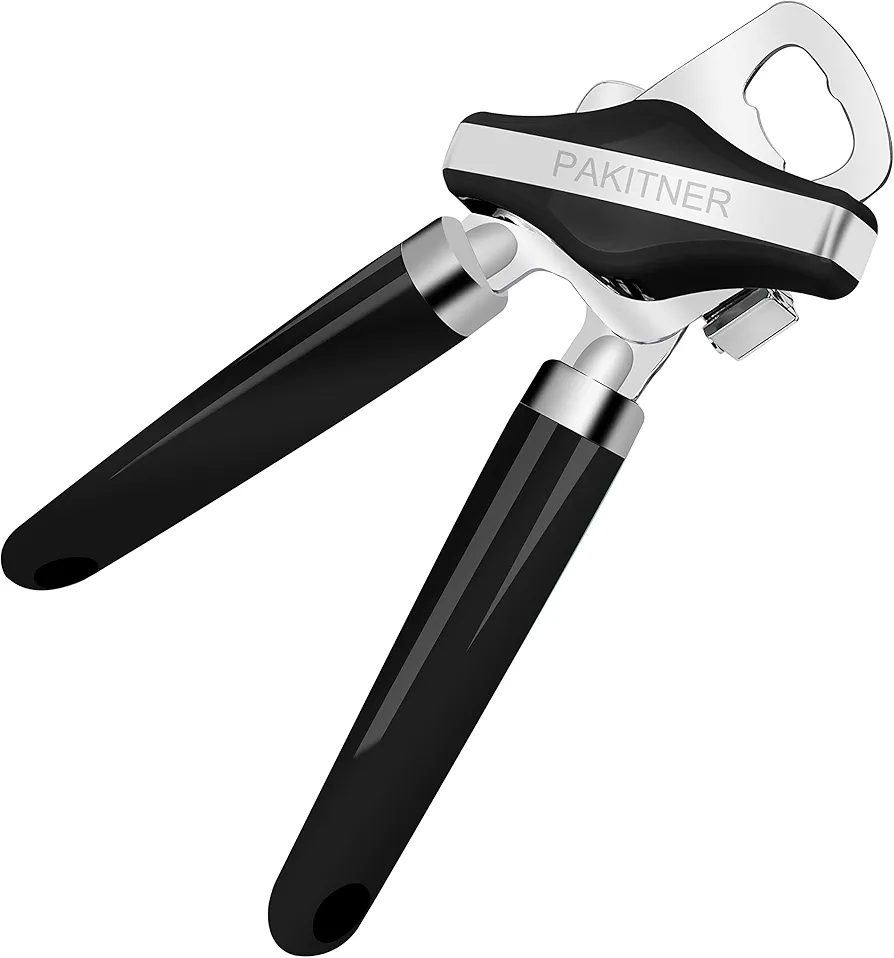 Can Opener Manual, Safe Cut Heavy Duty Hand Can Opener with Magnetic Lifter, Stainless Steel with Sharp Blade Smooth Edge Can opener, Easy Big Turn Knob, with Bottle Opener, Black