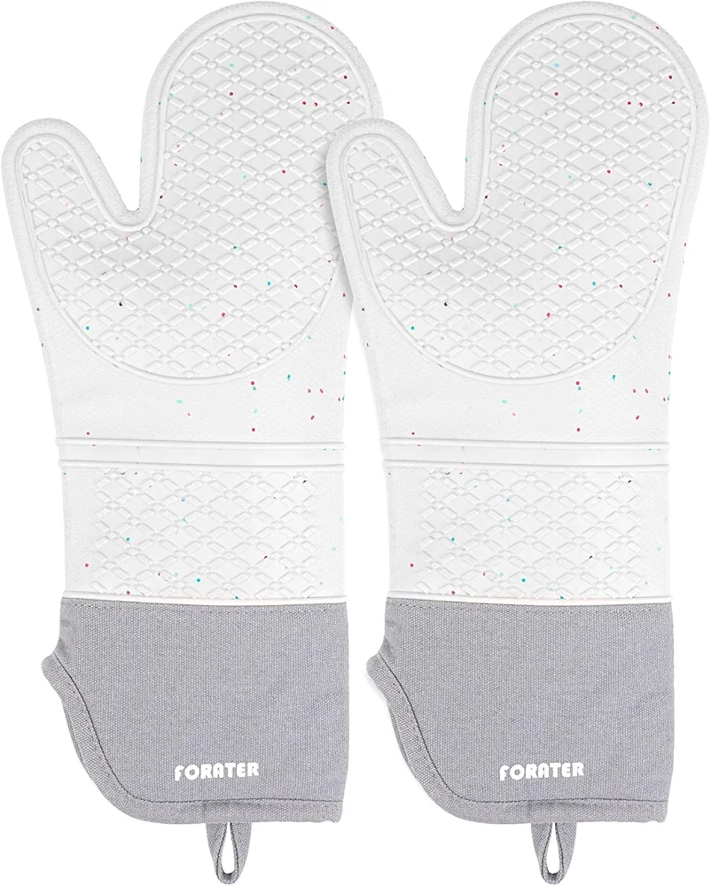 Extra Long Silicone Oven Mitts - Heat Resistant up to 500°F, 15'' Waterproof and Non-Slip Oven Gloves with Soft Quilted Liner - Perfect for BBQ, Cooking, Baking, and Grilling - 1 Pair, Light Grey