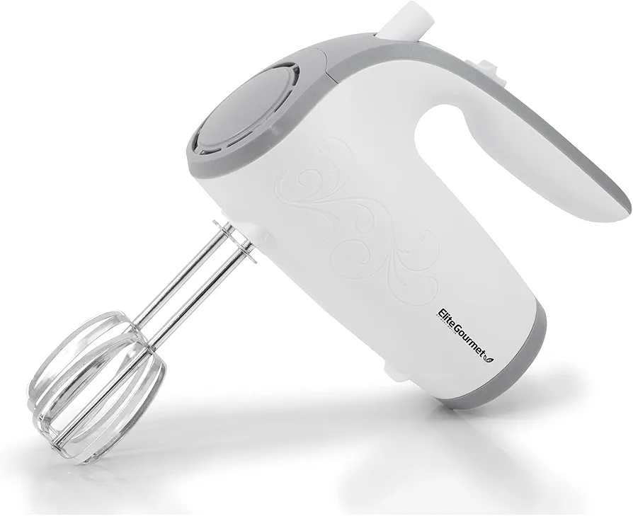 Elite Gourmet EHM-003X Ultra Power Electric 5-Speed Kitchen Hand Mixer with 2 Extra Wide Stainless Steel Smooth Creamy Whipped Mixtures Plus Convenient Beater Storage, White