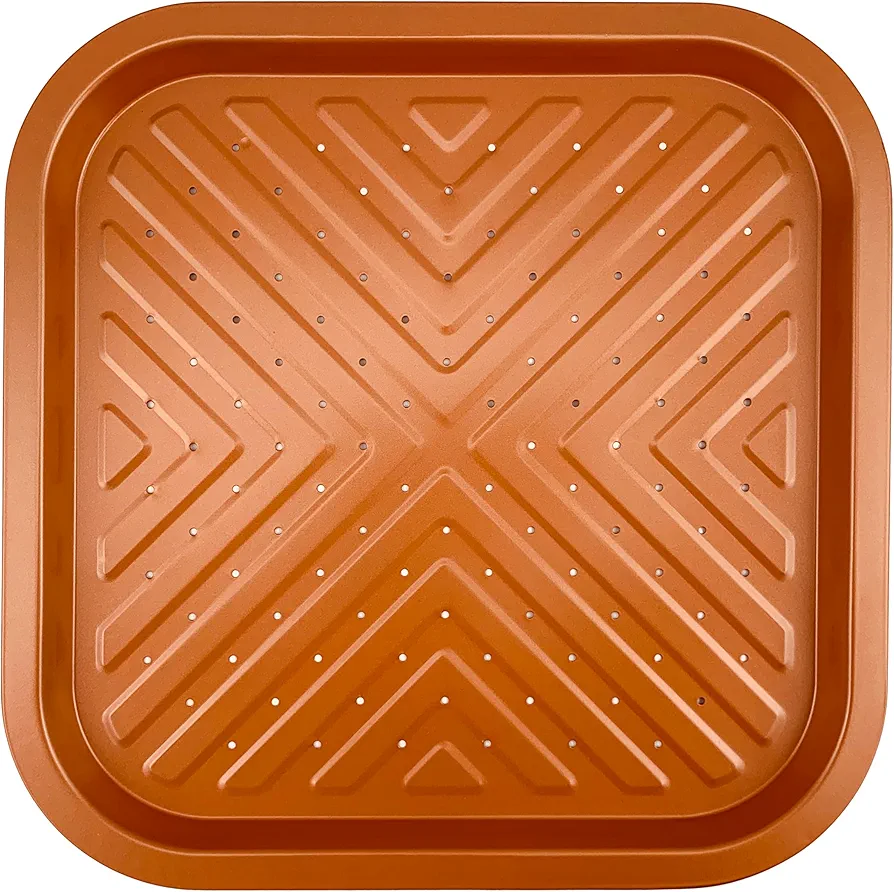 NutriChef Nonstick Square Pizza Pan, 13" x 13" Heavy Duty Carbon Steel Tray with Perforated Holes, Dishwasher Safe - Copper
