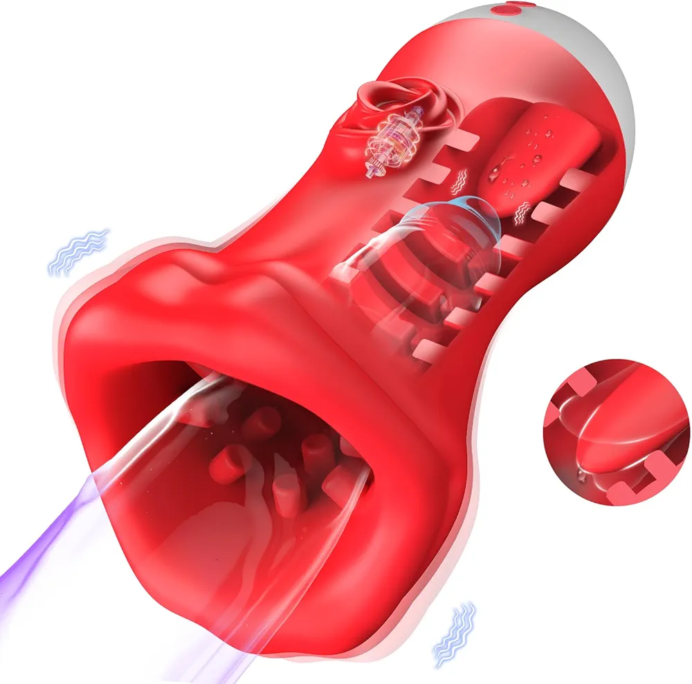 Male Masturbator Sex Toys for Men, Penis Vibrator Pump Stroker with Tongue Licking, Silicone Big Mouth Vibrator Blowjob Machine, Pocket Pussy Rose Oral Sex Toy for Man Adult Gay Couples