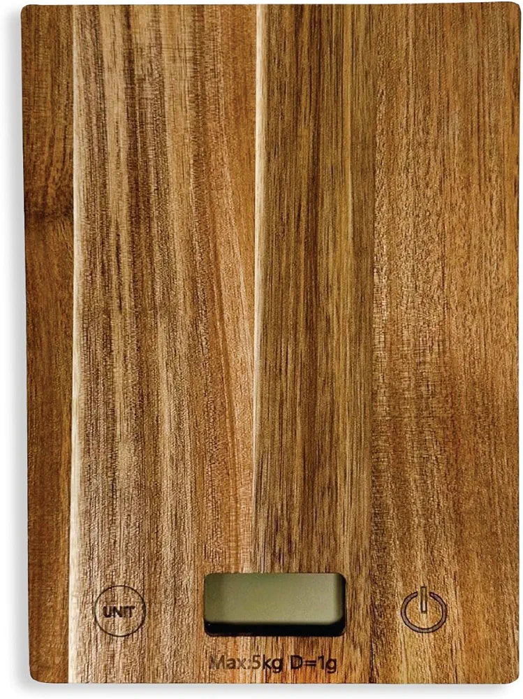 Rectangular Acacia Wood Food Scale, High Precision Sensor Kitchen Weight Scale for Weighing Food, Baking, Cooking and Meal Prep, Digital LCD Display Screen, Maximum Capacity of 5kg