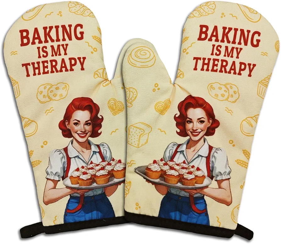 2 Pcs Funny Baking Oven Mitts Baking is My Therapy Heat Resistant Mitts Housewife Silicone Non-Slip Oven Mitts with Hanging Loop Kitchen Decor Gifts for Women Bake Lover Friend Hostess Chef