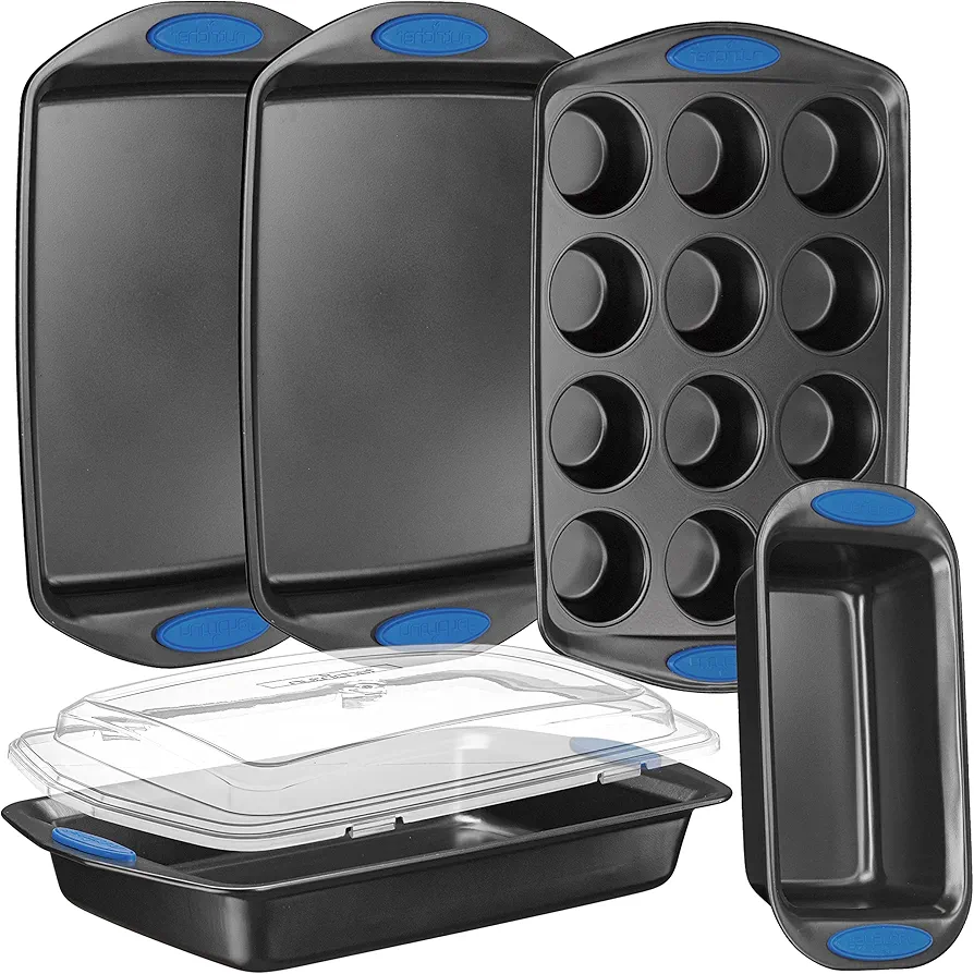NutriChef 5-Piece Baking Pan Set - Carbon Steel Stackable Bakeware with Blue Silicone Handles & Nonstick Coating, Includes Cookie Sheets, Roaster Pan with Lid, Loaf Pan, and 12 Cup Muffin Pan (Gray)