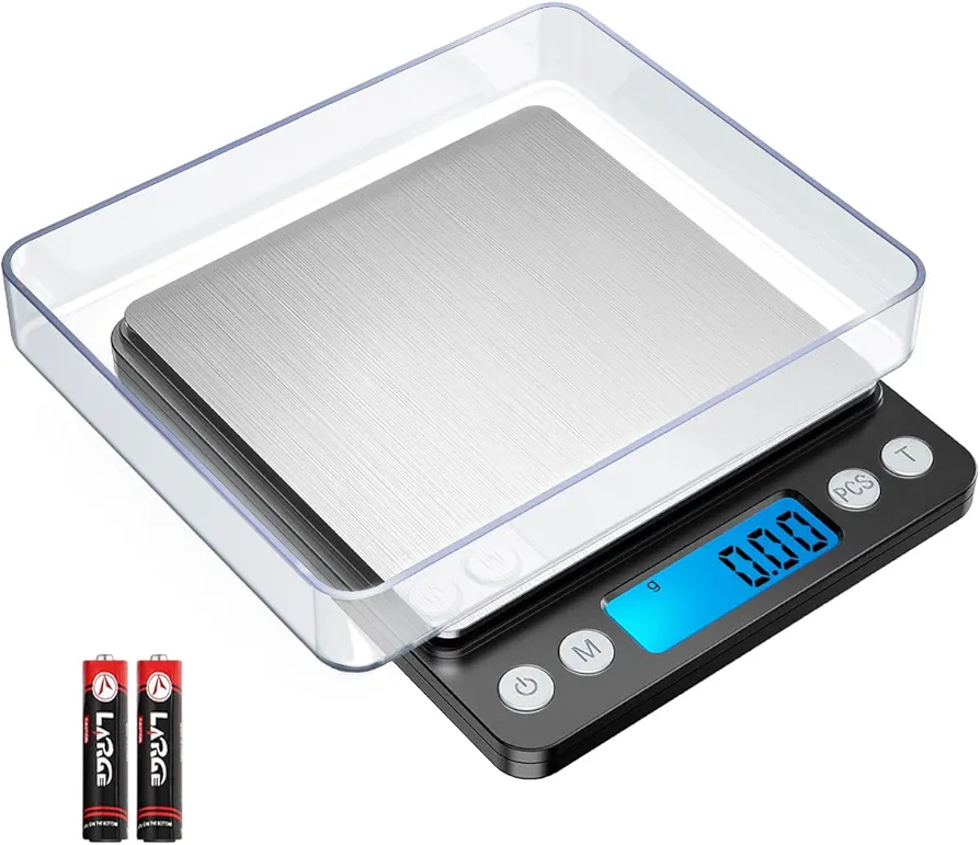 Digital Kitchen Scale, 500g/0.01g Cooking Food Scale, Pocket Jewelry Scale with Back-Lit LCD Display, 6 Units Auto Off Tare PCS Function Stainless Steel Batteries not Included (Black)