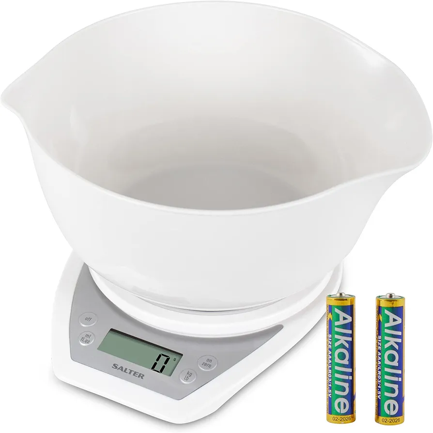 Salter Digital Electronic Kitchen Scales - 2 Litre Dual Pour Mixing Bowl, Perfect for Cooking, Baking, Food/Liquid Weighing, Easy Read Display, Metric/Imperial, 15 Year - White with White Bowl