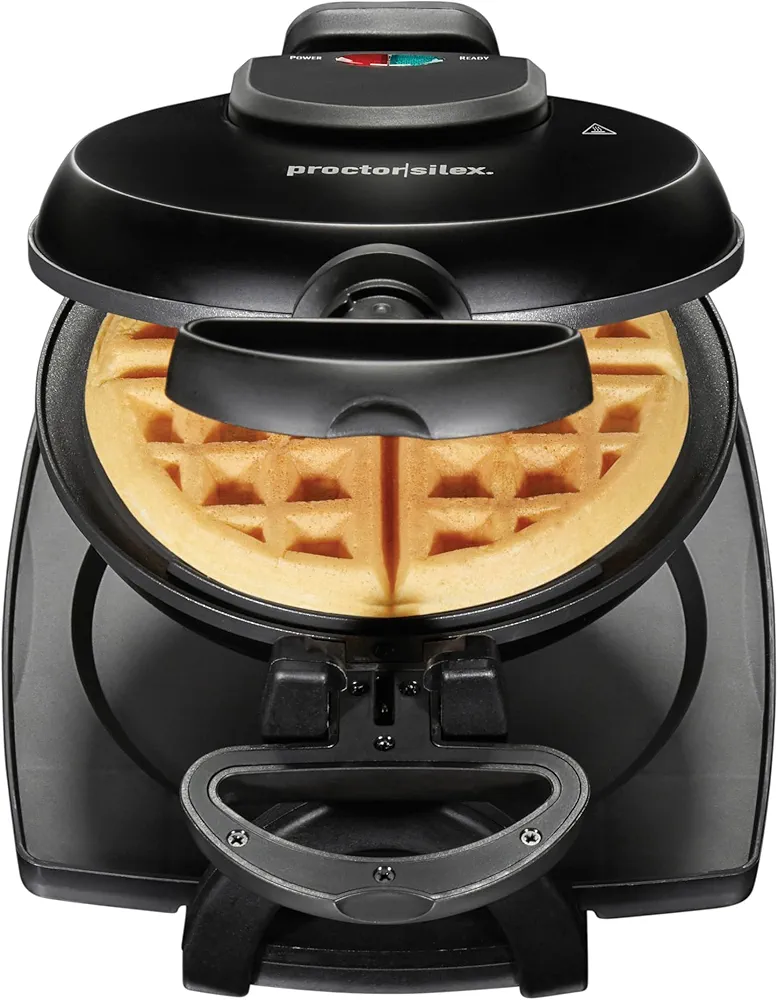 Proctor Silex Belgian Waffle Maker with Nonstick Plates, Single Flip, Cool-Touch Handle and Removable Drip Tray for Easy Cleanup Black (26090PS)