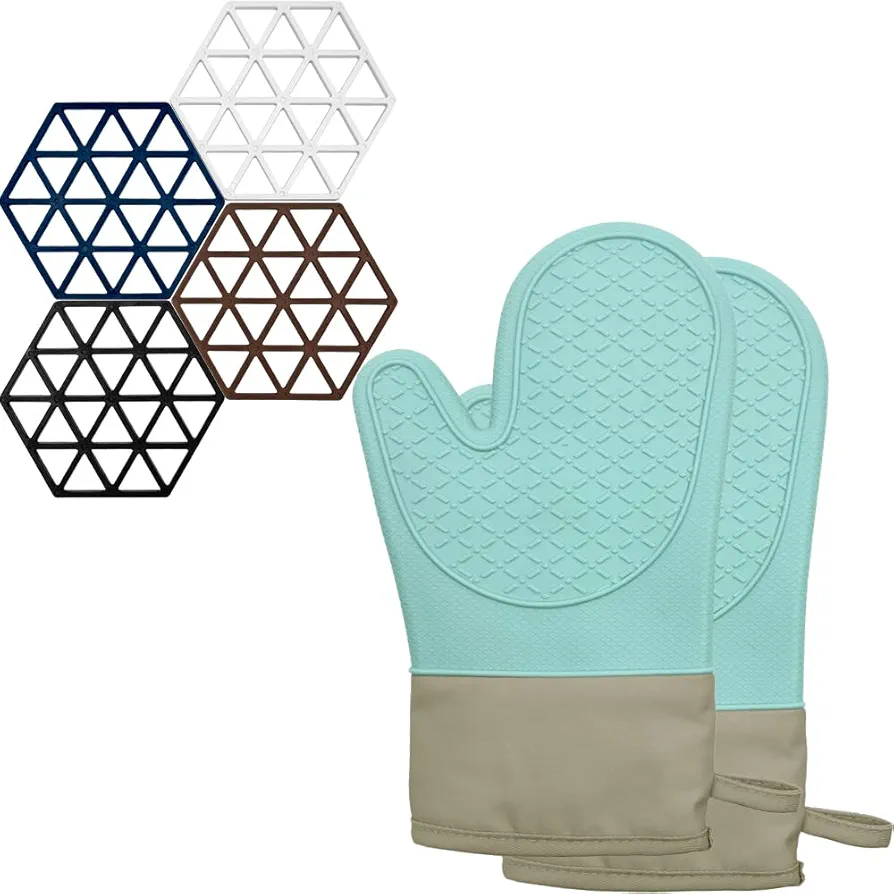 Silicone Oven Mitts - Oven Mitts Heat Resistant 500F, Soft Lined Silicone Oven Mitts - Oven Mitt Set for Cooking Baking Kitchen Mitts Pot Holder Set，Short Version (Blue)