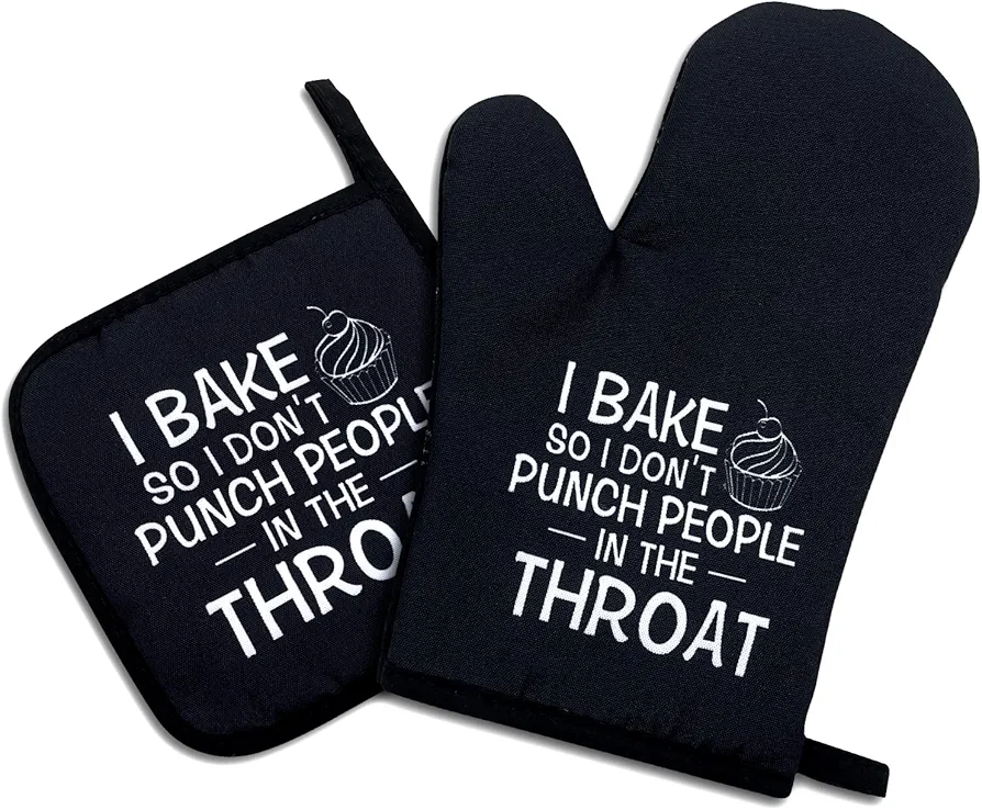 I Bake So I Don't Punch People in The Throat,Funny Oven Mitts and Pot Holders Sets of 2,Silicone Non-Slip Oven Mitts,Kitchen Gift for Women,Bake Lover Gift,Housewarming Gifts