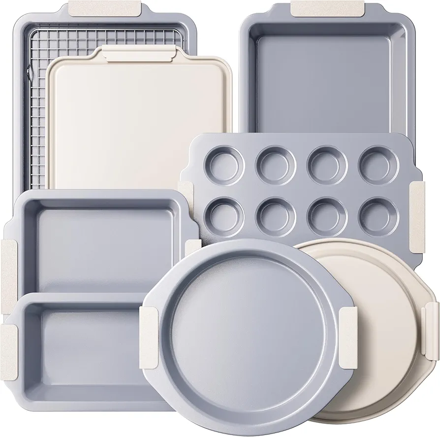 Nonstick Ceramic Bakeware Set (9 Pieces),Heavy Duty Aluminized Steel Bakeware-Baking Pan Sets with Silicone Handles,Includes Sheet Pans,Loaf Pan,Muffin pan,Cake pans,PTFE & PFOA Free - White