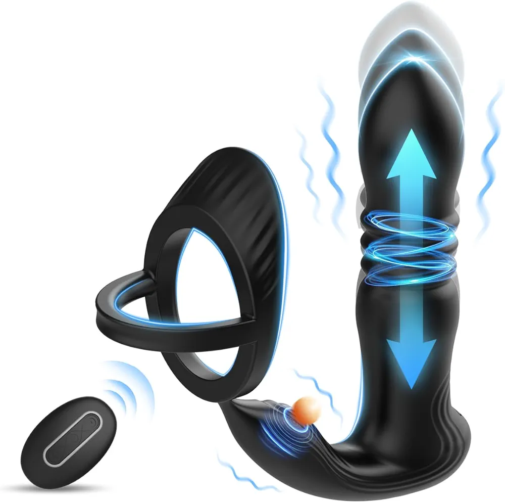 Thrusting Anal Vibrator Prostate Massager,Vibrating Cock Ring,Remote Control Anal Butt Plug with 10 Thrusting & Vibrating Modes,Male Vibrators for Men Adult Toys,Sex Toys for Men and Couple Pleasure