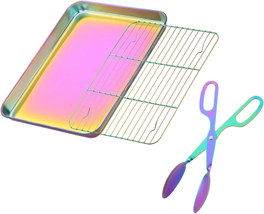 Baking Sheet with Wire Rack and BBQ Tong Set, Stainless Steel Cookie Sheet Baking Tray & Cooling Rack & 26cm Food Tong for Cooking and Oven, Dishwasher Safe-Rainbow