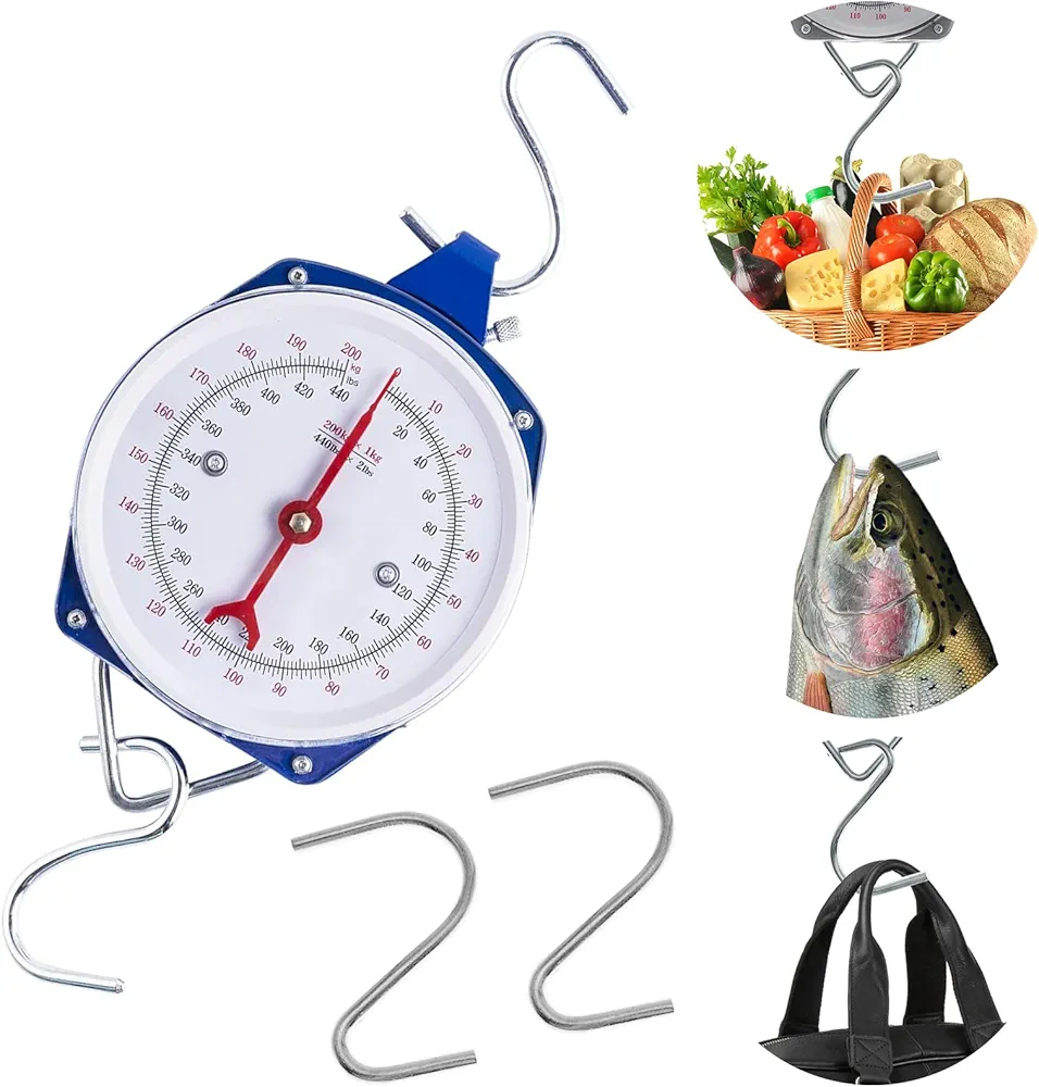 Mechanical Hanging Scales, Hanging Weight 440Ib/200Kg, Mechanical Kitchen Weighing Food Scale, Spring Dial Weight Scale Large Game Scale for Hunting Outdoor, Bass Fishing, Big Game, Farm (Blue)