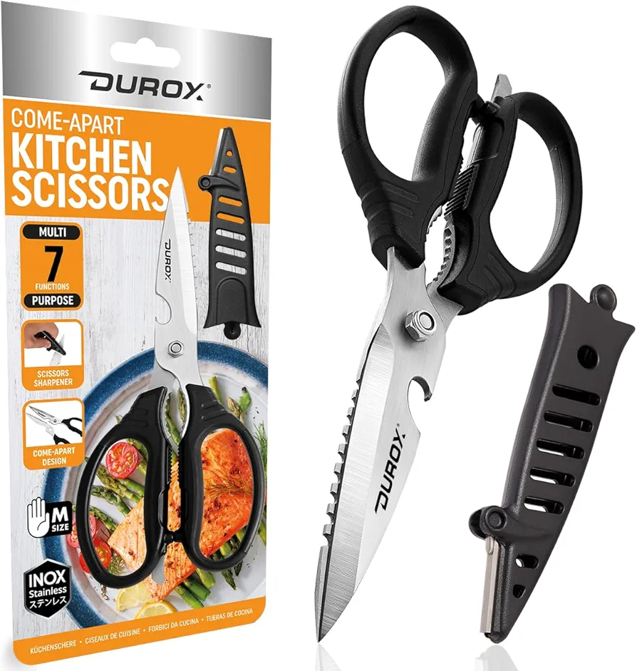 DUROX Kitchen Scissors – Come-Apart Multipurpose Kitchen Shears with Scissors Sharpener on Cap, Detachable Stainless Steel Utility Cooking Scissors for food, herbs, meat, seafood,vegetables.