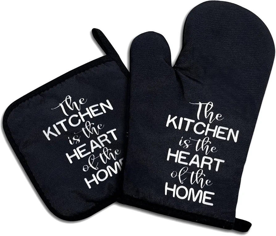 The Kitchen is The Heart of The Home,Funny Oven Mitts and Pot Holders Sets of 2,Silicone Non-Slip Oven Mitts,Kitchen Gift for Men Women,Cooking Baking BBQ Gifts,Housewarming Gifts