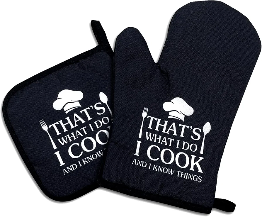 That's What I Do I Cook and I Know Things,Funny Oven Mitts and Pot Holders Sets of 2,Silicone Non-Slip Oven Mitts,Kitchen Gift for Men Women,Cooking Baking BBQ Gifts,Housewarming Gifts