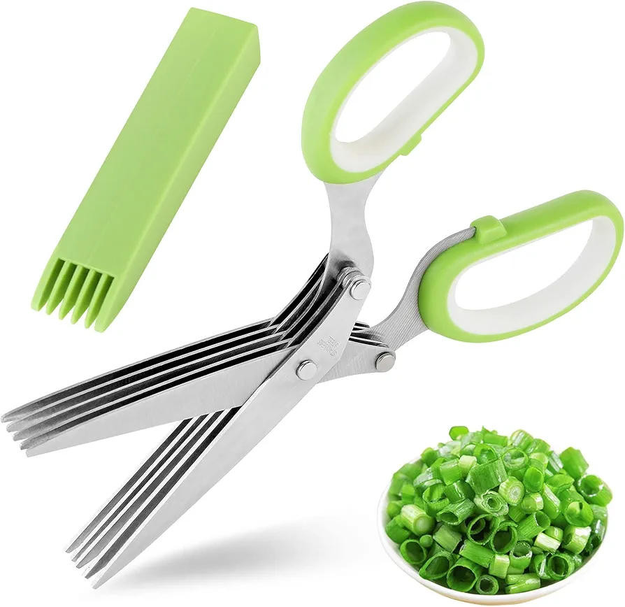 Herb Scissors - X-Chef Multipurpose 5 Kitchen Blades Herb Shears Cutter with Safety Cover (Green)