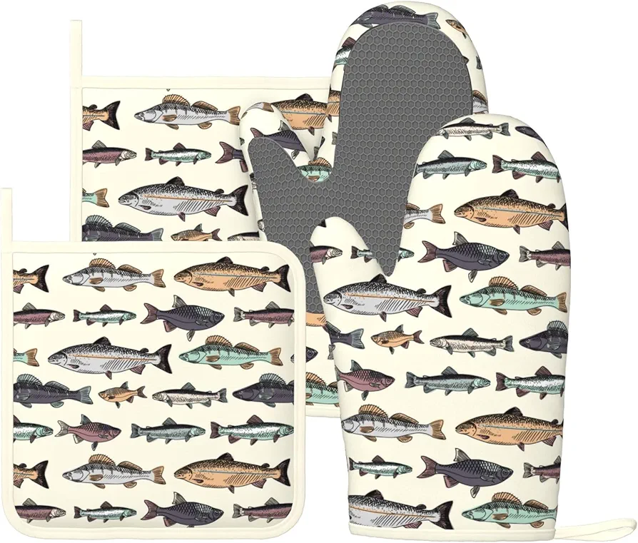 Vintage Fish Oven Mitts and Pot Holders Set of 4 Silicone Heat Resistant Oven Mitten Potholders Non Slip Gloves Kitchen Decor for BBQ Cooking Grilling Baking