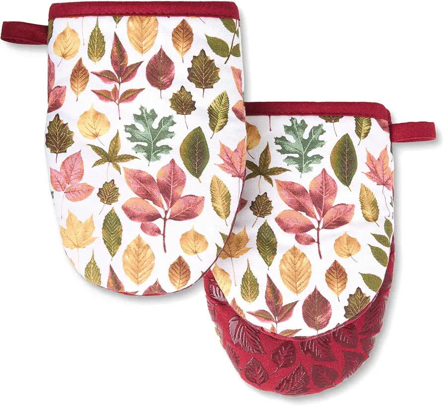 MARTHA STEWART Autumn Harvest Falling Leaves Mini Oven Mitt 2-Pack Set, 100% Cotton with Decorative Non-Slip Silicone Grip, Heat Resistant, Tan/Red/Green, 5.5"X8"