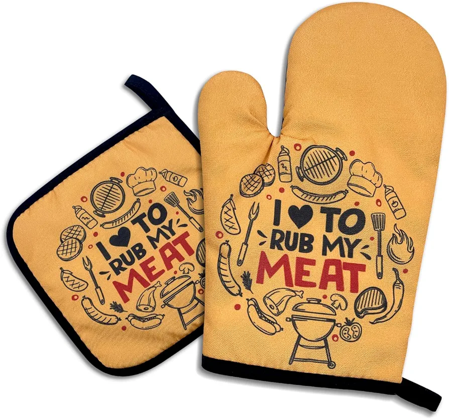 I Love to Rub My Meat,Funny Oven Mitts and Pot Holders,Silicone Non-Slip Oven Mitts,Chef Gift,Housewarming Gift Ideas,Cooking Baking BBQ Gifts