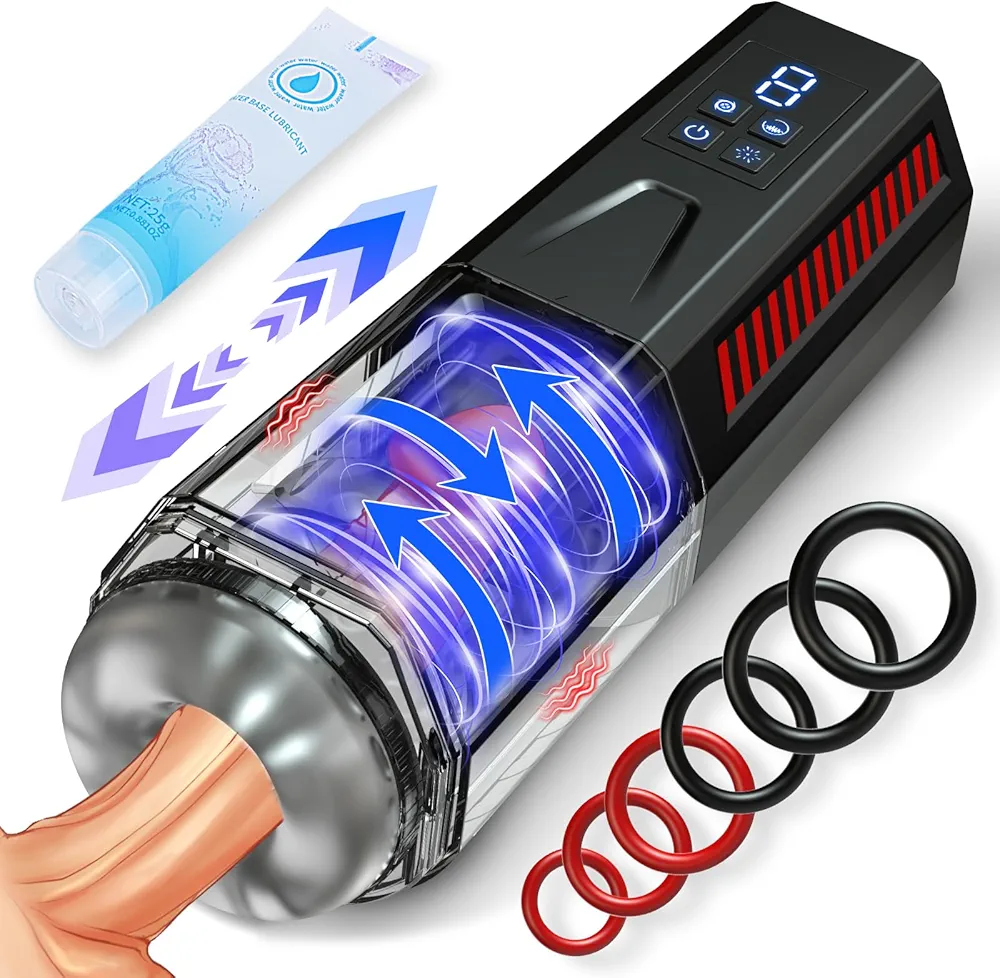 Adult Sex Toys Male Masturbator - Automatic Male Stroker Cup Pocket Pussy Vagina with 7 Vibrating & 7 Thrusting Modes & 6 Extra Silicone Penis Rings, Cock Trainer Stimulator Massager for Men Orgasm