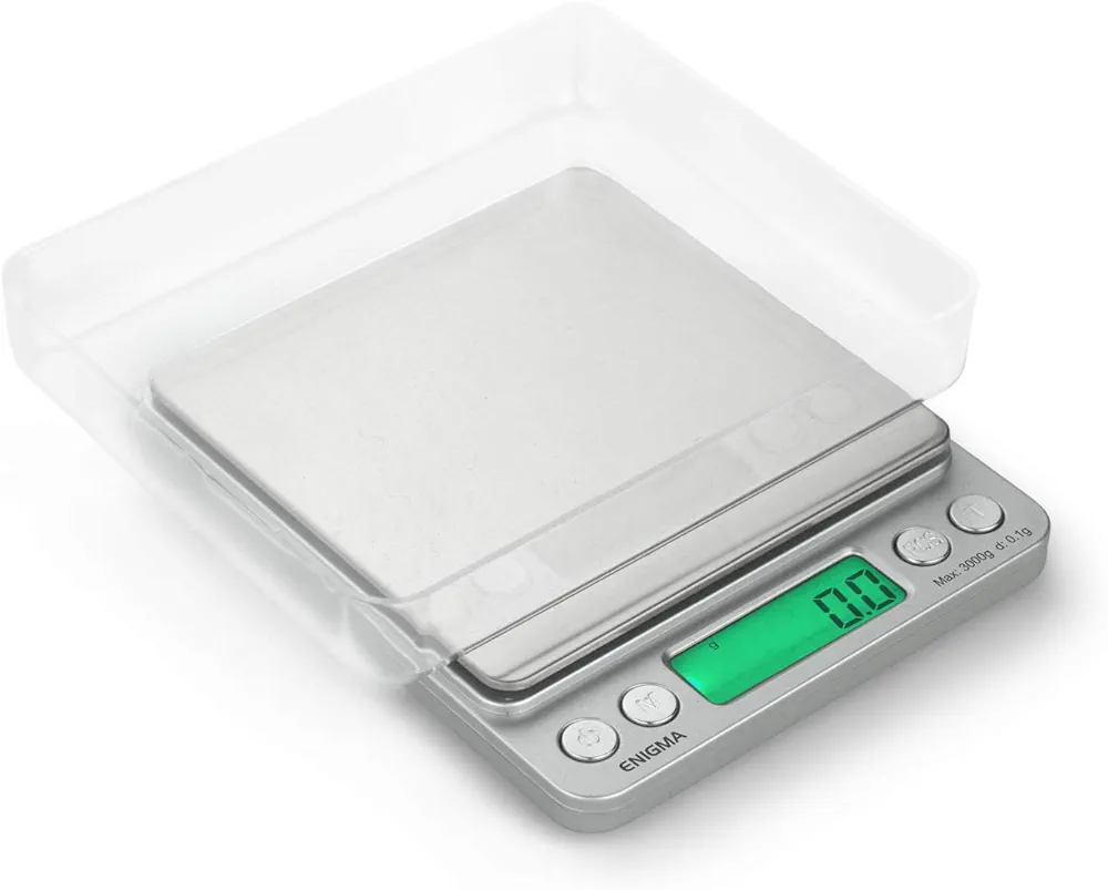 Enigma Digital Coffee Scale - (3000g x 0.1g Silver) Digital Food Scale - Coffee Weight Scale - High Precision Scale - Automatic Counting Scale - Digital Kitchen Scale - Espresso Scale